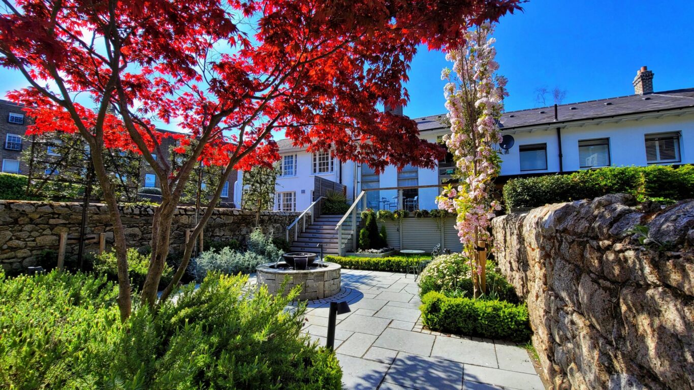 Lush hotel garden with vibrant red maple, stone pathways, and inviting seating under a bright blue sky.