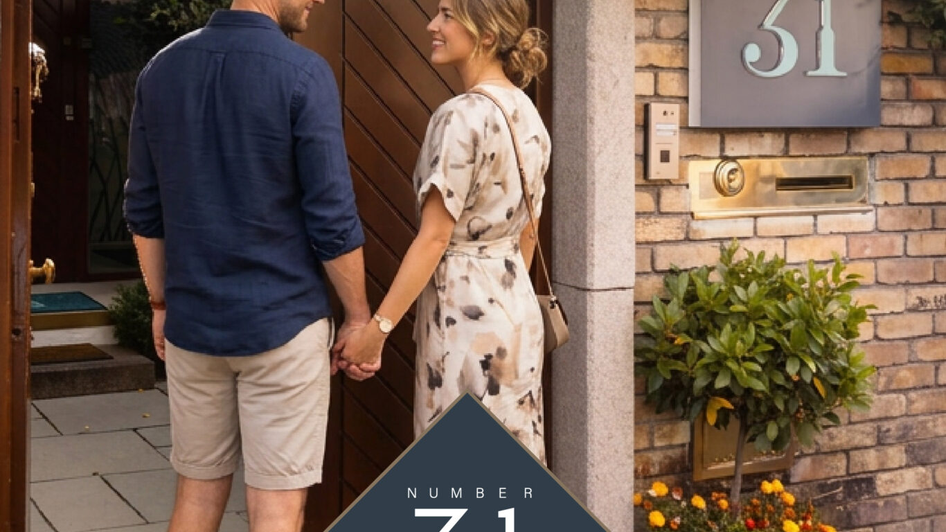 Couple entering charming Dublin hotel with ivy-clad entrance and welcoming atmosphere.